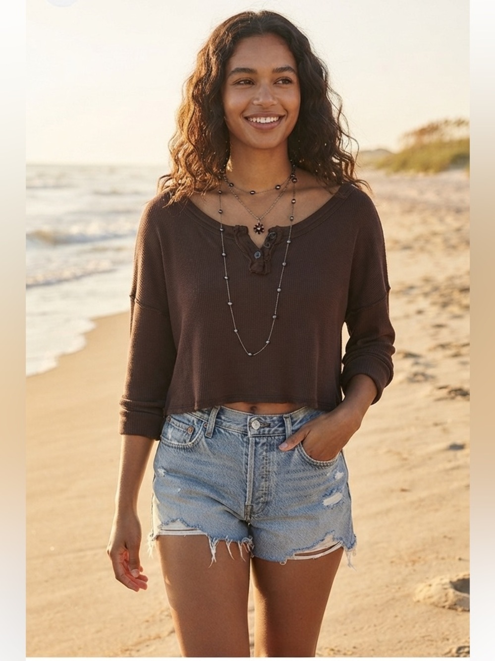 Urban Outfitters Chocolate Brown Ribbed Henley Long Sleeve Top